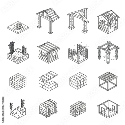 A detailed collection of isometric line art icons illustrating the step-by-step construction process, from foundations to roofs, featuring various building elements.