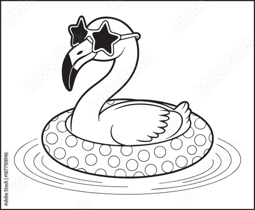Hello summer with beautiful flamingo swimming vector outline coloring page for kids and adults 