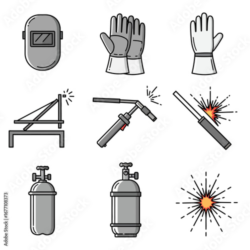 A comprehensive collection of flat line icons illustrating essential welding equipment, safety gear, and industrial processes for metalwork and construction.