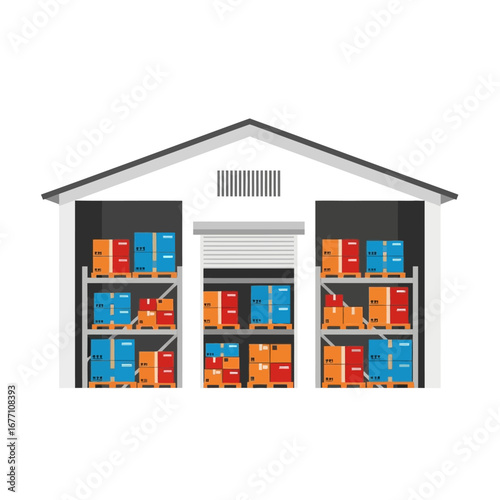 Vector illustration of a modern warehouse interior with loaded shelves, depicting efficient logistics, storage, and supply chain processes for goods distribution