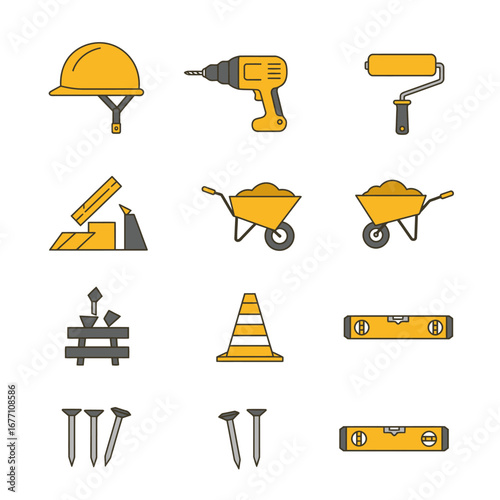 A curated set of yellow and grey line art icons illustrating fundamental construction tools, safety gear, and building materials for industrial and DIY use.