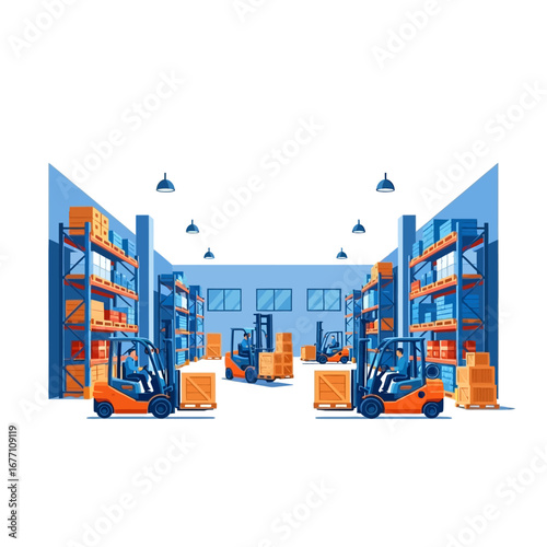 Warehouse Scene Forklifts and Shelves Stocked with Goods for Distribution