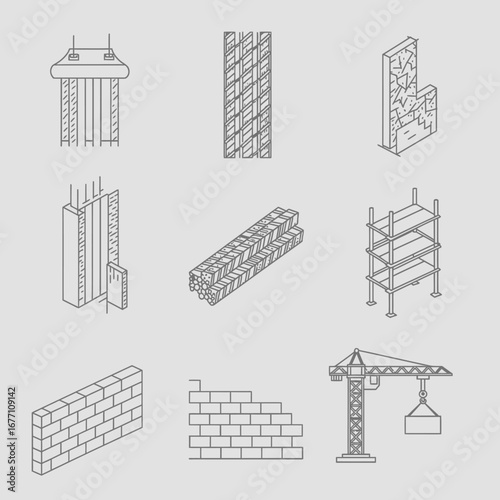 An informative isometric line art collection showcasing fundamental construction materials, structural components, and heavy equipment essential for building projects.