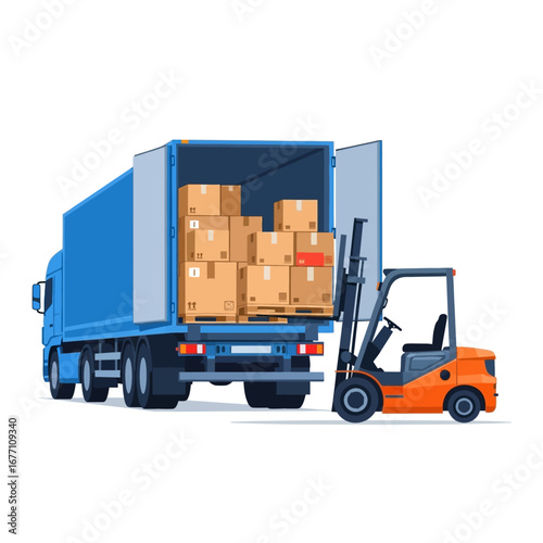Logistics and transportation forklift loading cargo boxes into a delivery truck for distribution and delivery services