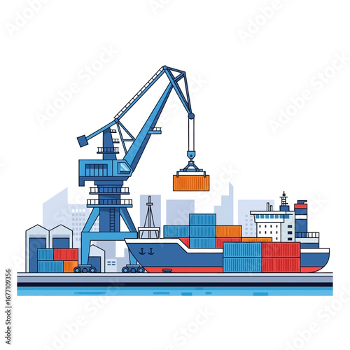 Industrial seaport scene with a gantry crane moving cargo containers onto a vessel, symbolizing international shipping and supply chain management