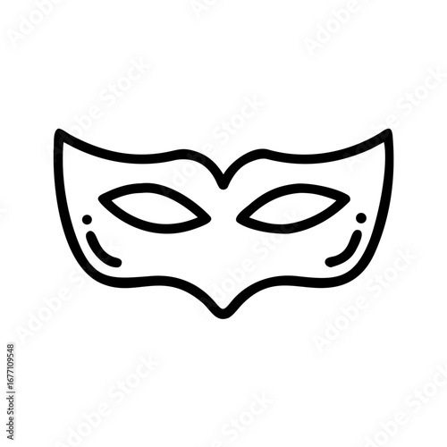Simple line art illustration of a masquerade mask with eye holes and decorative side details isolated