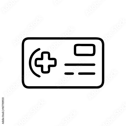 Illustration of a health insurance card with a medical cross and information fields depicted in outline