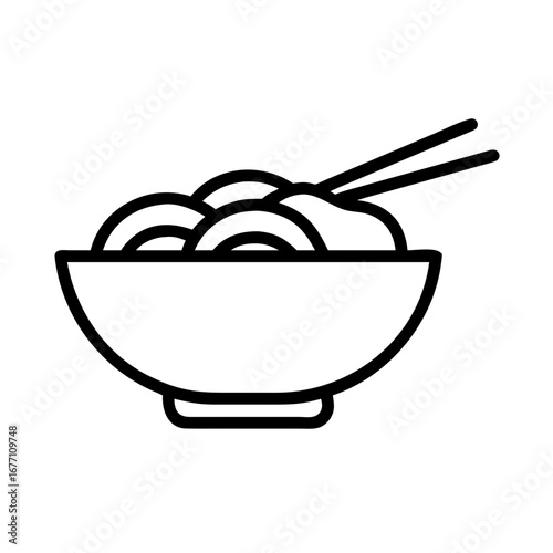 Outline drawing of a bowl filled with noodles and chopsticks resting on top in a simple illustration
