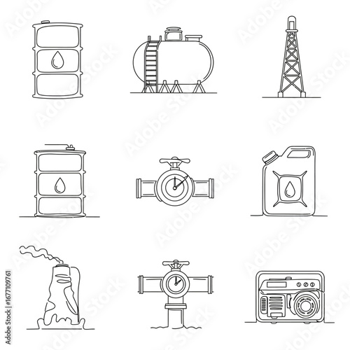 A set of minimalist continuous line drawings representing critical infrastructure and resources within the global oil, gas, and energy sectors, perfect for industrial design.