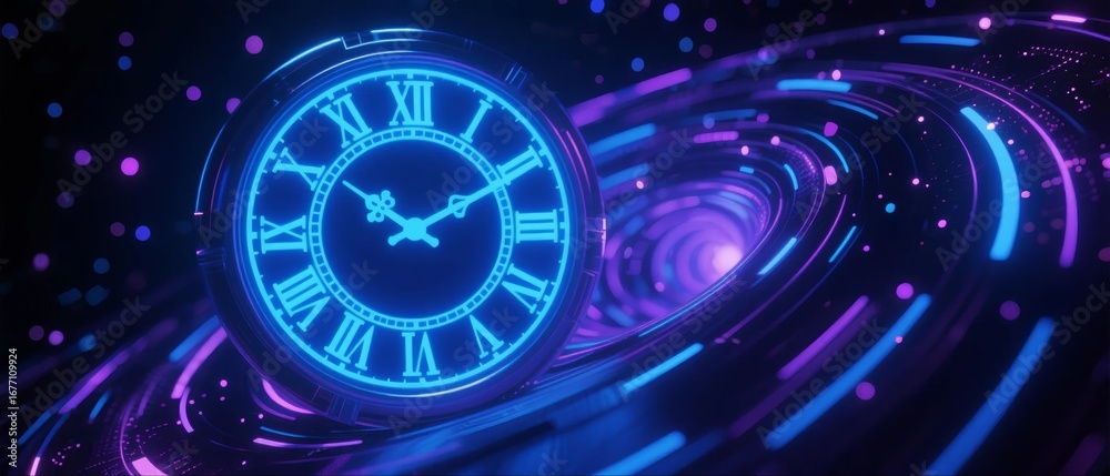 Obraz premium Neon clock in space with time vortex