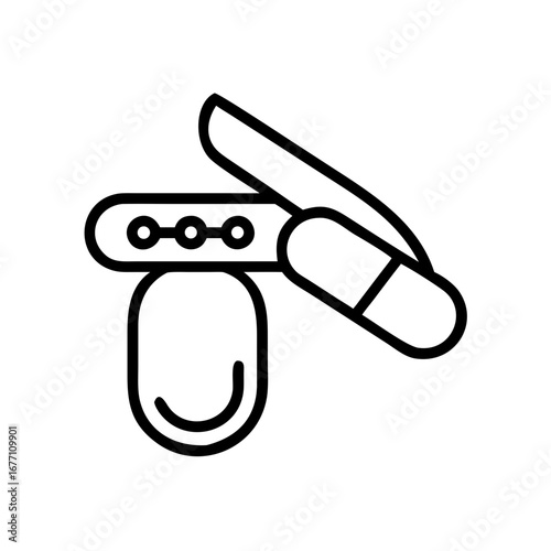 Illustration of a nail clipper with a nail file attached and a nail, all in a minimalist outline style