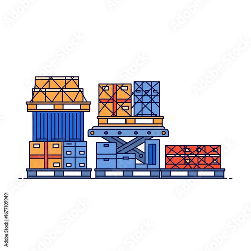 Warehouse Illustration Boxes, Crates, and Equipment in a Logistics and Storage Environment