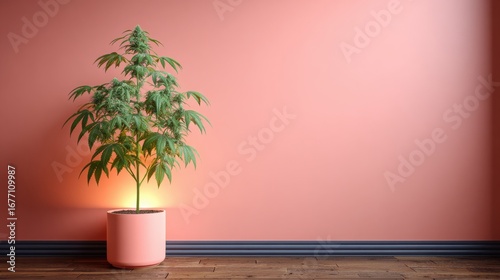 A potted cannabis plant, blooming with buds, sits against a modern wall, its vibrant greens complementing the room's stylish and minimalist interior design beautifully.