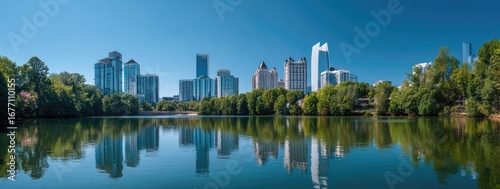 City skyline reflected in tranquil lake, lush greenery