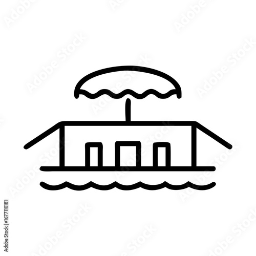 A simple line drawing of a beach hut on stilts over water with an umbrella providing shade above it