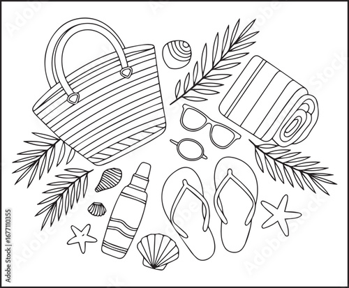 Hello summer with beautiful beach elements for vacation vector outline coloring page for kids and adults 