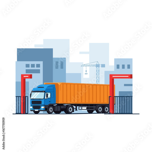 Vector illustration of a cargo truck at a security checkpoint in a commercial port for freight and logistics against a city skyline