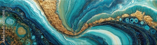 Abstract painting of swirling teal and gold colors