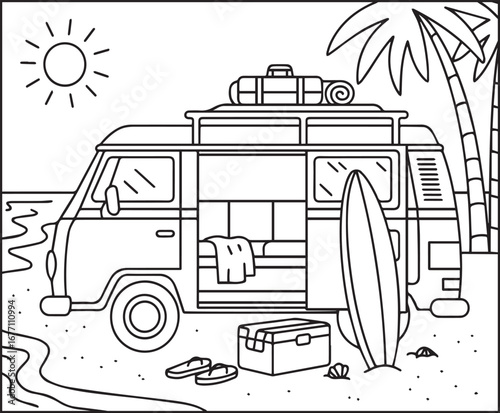 Summer vacation beautiful car in beach scenery vector outline coloring page for kids and adults 