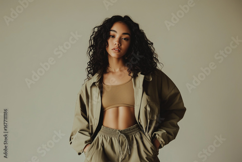 Minimalist studio portrait of an American female model in streetwear, stylish and bold.
