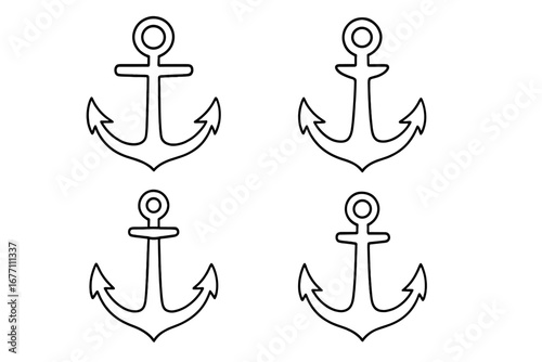 Anchor outline icon set with editable stroke for easy customization. Simple nautical and marine symbol collection. Maritime boat or ship logo element. Vector line art illustration.