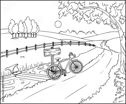 Hello summer with beautiful nature scenery vector outline coloring page for kids and adults 