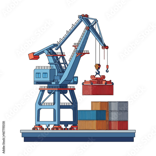 Industrial harbor crane lifting shipping containers for global freight transportation and logistics