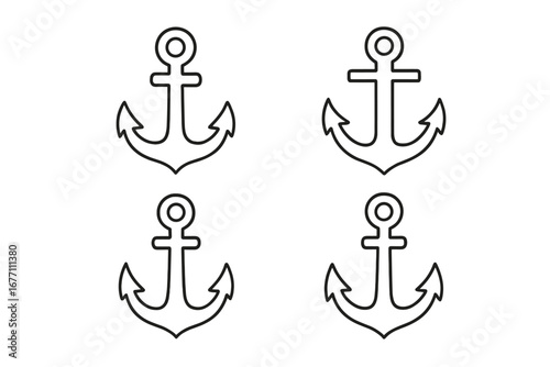 Anchor outline icon set. Nautical marine symbol collection. Simple sea and ocean boat equipment for stability. Sailor maritime vector illustration for logo, travel, or navy.