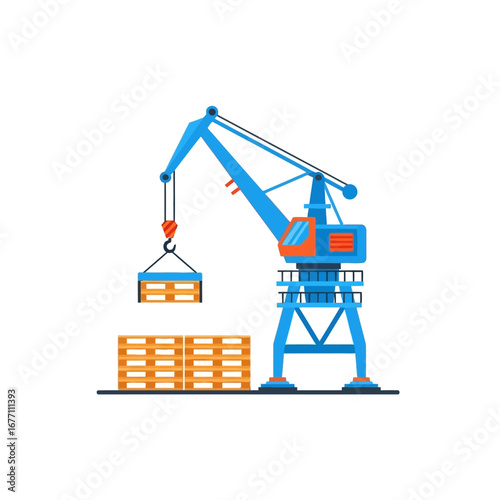 Dynamic industrial crane illustration engaged in material handling operations, efficiently lifting and moving goods on pallets within a logistics and shipping environment