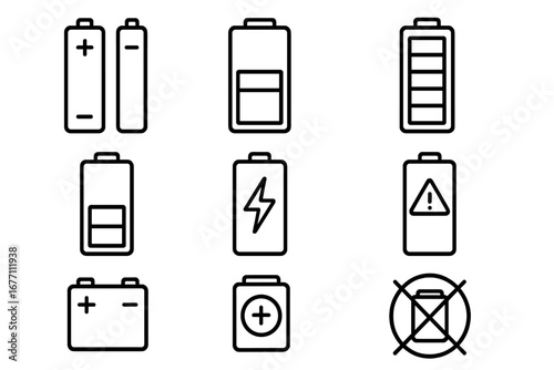 Vector battery outline icon collection. Energy and power symbols showing charge level from low to full. Includes accumulator, warning, and charging icons. Editable stroke pictogram set.