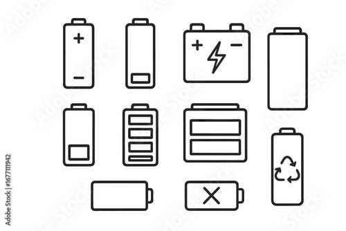 Battery outline icon set. Vector collection of various power sources and energy levels. Editable stroke symbols for full, low, and empty charge. Car accumulator and recycling sign.