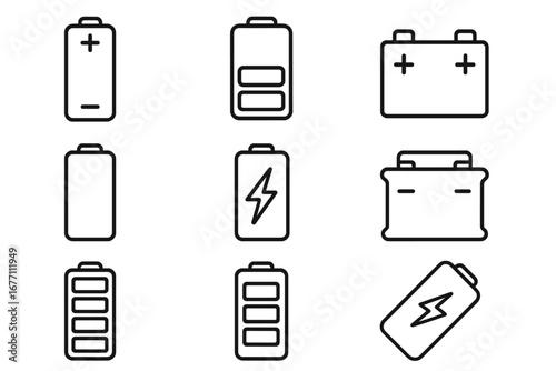 Outline battery and power charge level indicator icon set. Collection of linear accumulator and car battery symbols. Full, low and empty energy signs for UI and infographics.