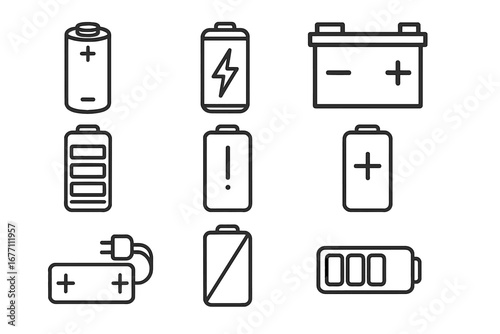 Battery icon set. Vector outline pictograms. Energy and power charge level indicator. Full and low accumulator status. Car, alkaline, phone battery symbols for infographics.