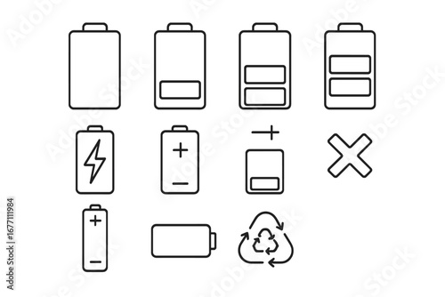 Battery charge level indicator icon set. Outline collection of energy status symbols from low to full power. Vector linear signs for UI design, accumulator, and recycling.