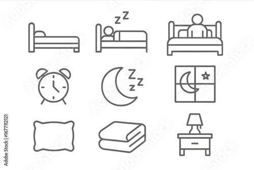 Sleep and bedtime thin line icon set. Bedroom furniture, sleep cycle, and good night concept symbols. Editable stroke vector illustration for web and mobile app. Insomnia, rest icon.