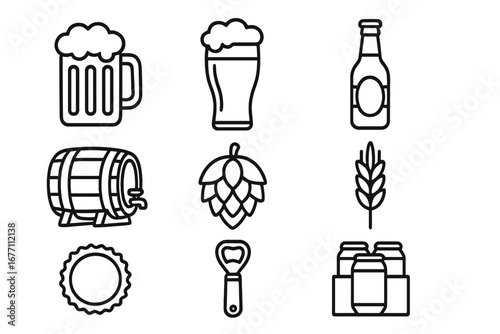 Vector beer icon set with editable stroke. Line art symbols for brewery, bar, and pub. Collection includes glass, bottle, barrel, hops, barley. Alcohol drink elements.