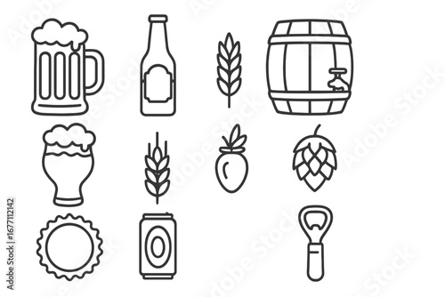 Beer line icon set for brewery and pub. Craft beer, ale, lager symbols. Includes mug, bottle, can, barrel, hops, barley. Vector outline icons for menu, infographic design.