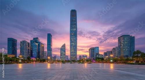 Panoramic cityscape at twilight. Modern skyscrapers dominate the horizon, set against a vibrant, colorful sky. A large plaza of polished stone is in the foreground