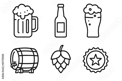 Beer icon set. Brewery and pub line icons. Vector collection of beer mug, bottle, glass, barrel, and hops. Simple alcohol drink symbols for menu design. Editable stroke.