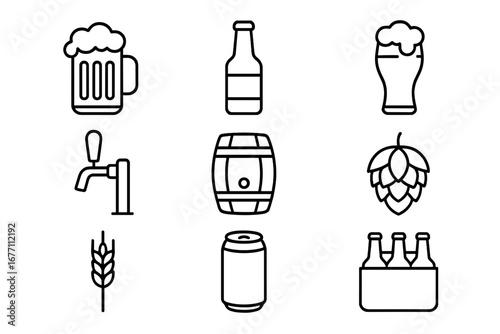 Beer icon set for brewery and bar. Vector line art collection of pub drink symbols like mug, bottle, can, barrel, hops, and wheat. Simple outline icons for alcohol menu.