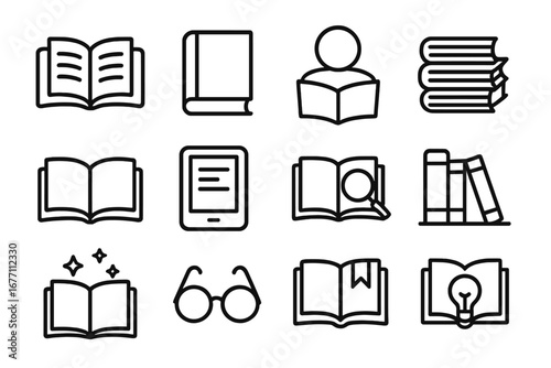 Book reading line icon set. Symbols for education, learning, knowledge, study, literature. Vector outline pictograms for web, ui, app. Ebook reader, library, research sign.