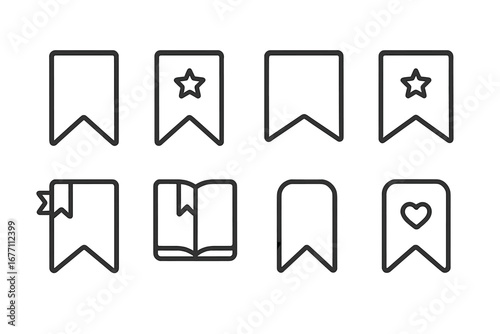Bookmark outline icon set. Save for later symbol collection. Favorite tag with star and heart. Reading and web page marker. UI UX sign with editable stroke. Vector line art.