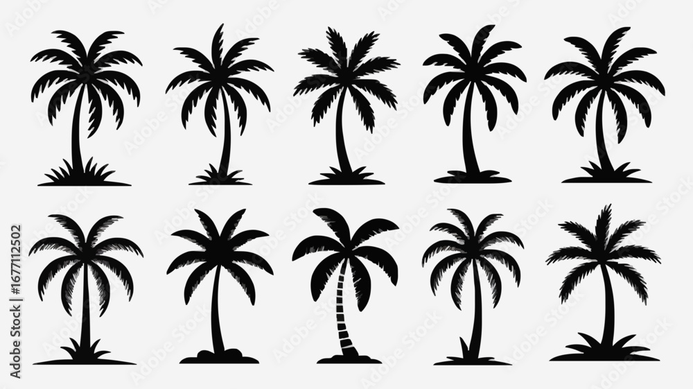 Fototapeta premium Palm Tree Silhouette Vector Icons | Coconut Tree, Tropical Beach, Summer Clipart Design