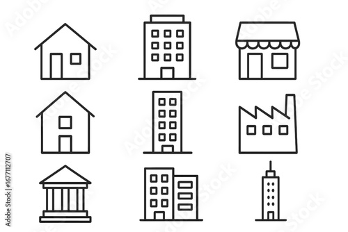 Building icon set. Real estate and architecture symbols. Thin line collection of house, office, bank, factory, store. Vector linear pictogram for web, app, ui. Editable stroke.