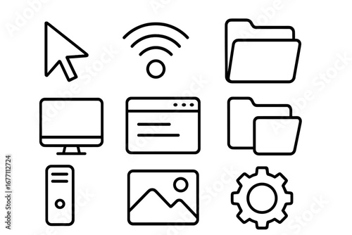 Computer desktop line icon set. Editable stroke vector graphics for web and app design. UI UX elements including cursor, folder, Wi-Fi, browser, PC, monitor, and settings gear.