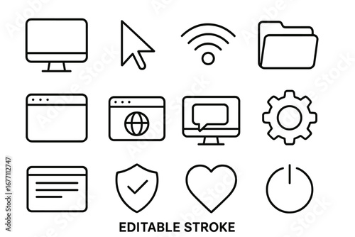 Computer desktop & web interface line icon set. Vector symbols for UI and UX design. Contains monitor, cursor, wifi, folder, browser, security & power icons. Editable stroke.