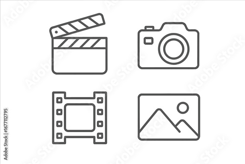 Set of media line icons. Clapperboard, photo camera, filmstrip, and picture symbols. Concept of movie making, photography, video content. Editable stroke vector pictogram.