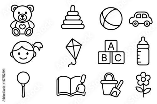 Childhood line icon collection with editable stroke. Simple outline icons for baby and kids. Set includes teddy bear, ball, car, kite, abc blocks, bottle, book, rattle, girl face.