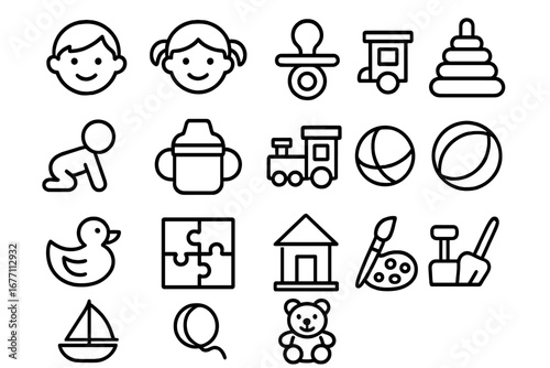 Childhood line icon set. Baby care and toy collection. Vector outline symbols of newborn, toddler, play, and kindergarten. Editable stroke illustration for web and infographics.