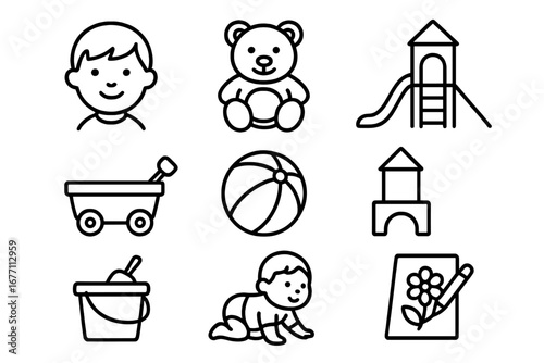 Childhood line icon set. Baby, toddler, and kids playtime symbols. Vector collection of toy, teddy bear, ball, playground slide, and drawing for kindergarten or daycare.